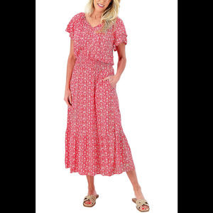 Destination 365 Printed Short-Sleeve Midi Dress w Smocking RedAbstract - Regular